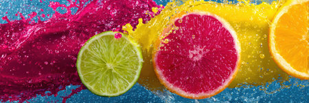 Juice splashes burst from sliced citrus fruits, showcasing bright colors against a lively background, capturing a refreshing moment of joy.の素材