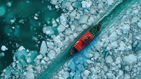 An icebreaker vessel carves a path through a frozen ocean, surrounded by drifting ice, showcasing an abstract geometric design.の素材