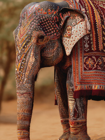 An elephant adorned with colorful patterns strolls through the Rajasthan desert, showing the rich cultural traditions of the region.の素材