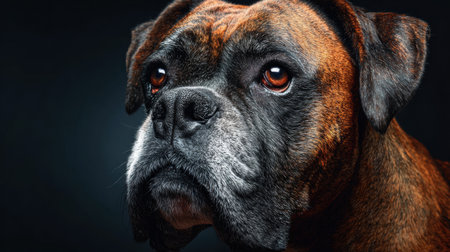 Close-up view of a boxer dog with a serious expression, highlighted by a stark dark background that enhances its features.の素材