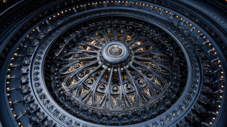 An abstract circle of car wheels is displayed, illustrating mechanical symmetry and a unique artistic arrangement with an elaborate design.の素材