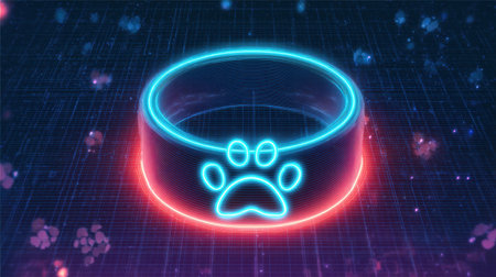 Concept design of a smart pet collar app featuring a glowing icon, emphasizing innovative technology for pets in a digital setting.の素材