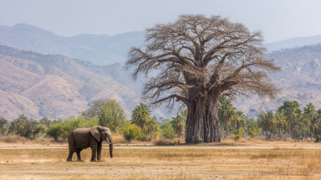 An elephant moves gracefully past an ancient baobab tree in an expansive African savanna during a warm sunny dayの素材