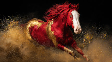 A striking red and gold horse races through swirling golden particles, capturing the energy and vitality associated with the 2026 year of the horse.の素材