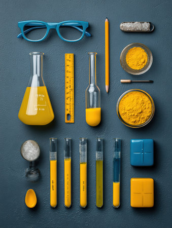 Bright optical instruments and scientific gear are showcased in a banner layout on a dark surface, highlighting vibrant yellow shades.の素材