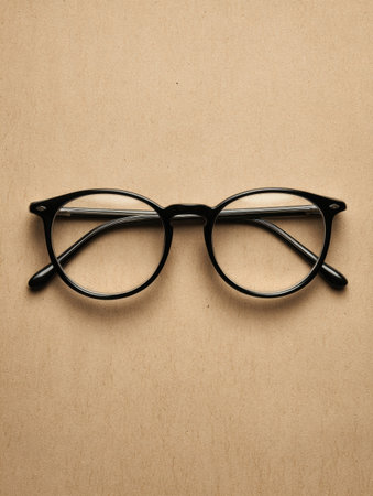 Stylish black frame glasses placed on a smooth beige paper background, offering space for additional text or graphic elements.の素材