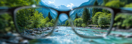 Glasses frame a vivid digital world with mountains, a flowing river, and lush greenery, blending reality and illusion.の素材