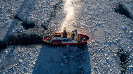 A red and white icebreaker navigates through thick Arctic ice, casting long shadows from a drone view during daylight hours in a harsh environment.の素材