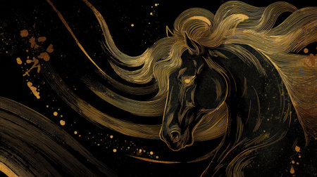 Stylized depiction of a horse showcases flowing brush strokes in gold ink, creating a captivating and elegant composition.の素材