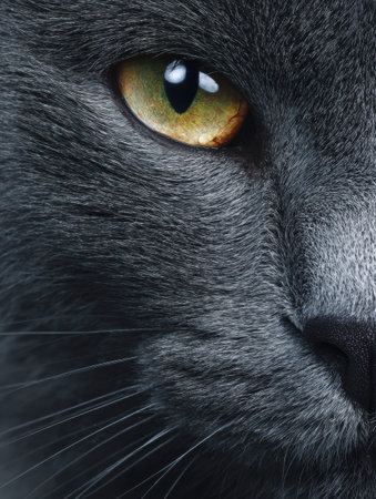 Close-up of a Russian blue cat with a sleek coat and bright eyes, highlighting its elegance and charm in a calming setting.の素材