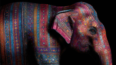 An elephant is decorated with intricate patterns in vivid colors, showing the festive spirit of an Indian celebration.の素材