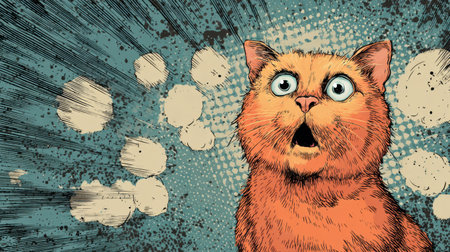 A surprised cat with wide eyes and an open mouth expresses shock in a vibrant comic-style setting, creating a playful atmosphere.の素材