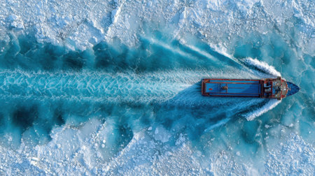 Icebreaker ship navigates through dense ice, clearing a route in the vast, frozen sea while demonstrating engineering prowess.の素材