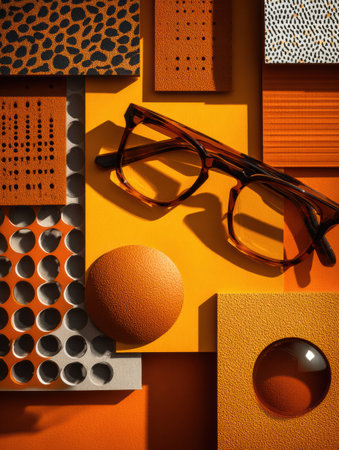 Stylish optical frame positioned on a vibrant layout of geometric shapes and shadows showing artistic design elements.の素材