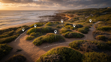 Golden light washes over a peaceful coastal trail, showcasing a dotted route and placeholder price tags. A tranquil setting invites exploration.の素材