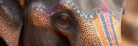 An elephant featuring colorful painted patterns graces the Rajasthan desert, showing its beauty in warm tones during daylight hours.の素材