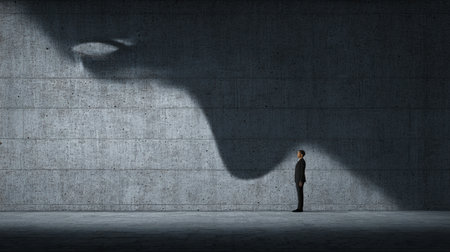 A silhouette stands in front of a large shadow on a concrete wall, illustrating an intense emotional conflict and fear.の素材