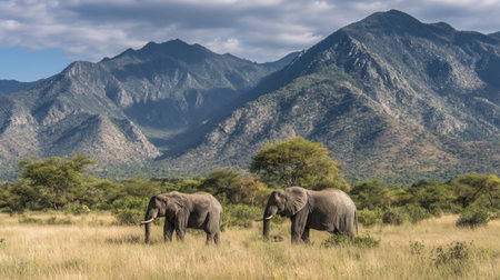 Two elephants graze peacefully in an open field with a stunning mountain backdrop under a cloudy sky.の素材