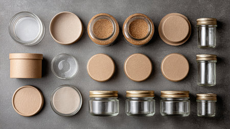 Flat lay features eco-friendly packaging with kraft paper items and various clear glass jars showing sustainable storage options.の素材