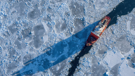 An icebreaker ship maneuvers through thick ice, creating a clear path in the expansive frozen sea, showing winters harsh beauty.の素材