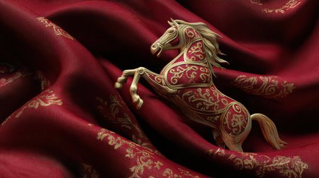 A golden horse stands proudly on red silk fabric, symbolizing joy and prosperity for Chinese New Year 2026 festivities.の素材