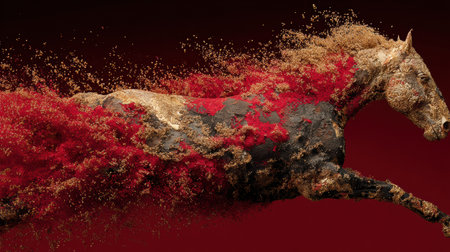 A stunning horse made of gold and red textures gallops energetically, surrounded by festive golden particles in a lively atmosphere.の素材