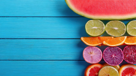 A variety of colorful fruits including watermelon, citrus slices, and oranges are beautifully arranged on a blue wooden surface.の素材