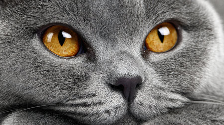 A British shorthair cat poses for a close-up, showcasing its captivating golden eyes and soft gray coat, creating a calming ambiance.の素材