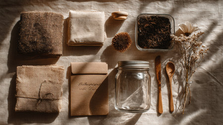 Kraft paper and glass jars on a neutral surface create a chic, eco-friendly flat lay promoting sustainability and conscious choices.の素材