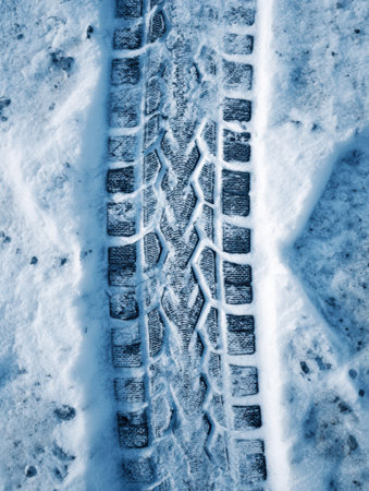 Snow tire tread marks are visible on asphalt, creating patterns against a backdrop of snow, highlighting cold weather and road conditions.の素材
