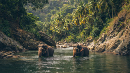 Two elephants playfully bathe in a calm river, surrounded by vibrant tropical trees and rocky landscapes under warm sunlight.の素材