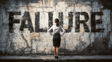 A woman dressed in business attire faces a wall where the word failure is boldly painted, showing her anxiety and sense of self-doubt.の素材