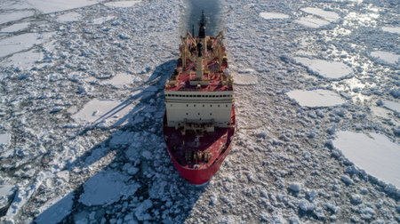 A powerful icebreaker navigates through dense ice, creating a clear path in the expansive frozen sea from an aerial view.の素材