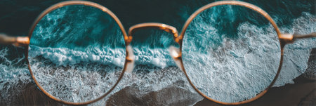 Sunglasses capture the stunning reflection of ocean waves, creating a serene beach atmosphere with minimalist styling and clean lines.の素材