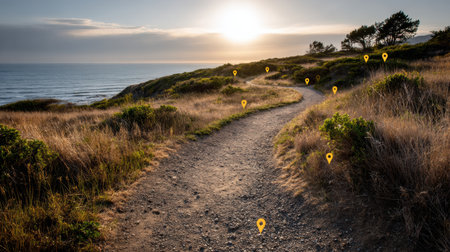 Bright sunrise illuminates a coastal trail with gentle curves, featuring dotted route markers and lush greenery along the path.の素材