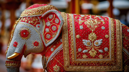 A majestic elephant in bright gold and red attire stands gracefully before an Indian temple, embodying rich cultural heritage.の素材