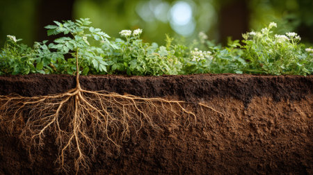 Display of plant roots in earth highlights the importance of stability and foundation under natural lighting, showing a rich ecosystem.の素材