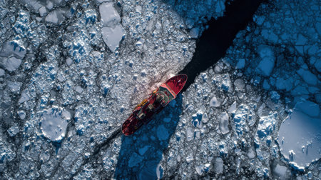 Icebreaker moves through Arctic ice, creating a path among floating ice chunks under clear skies in a dramatic top-down view.の素材