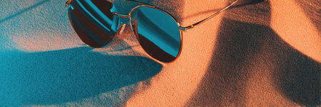 Summer elegance shines through stylish sunglasses resting on golden sand, reflecting the beautiful ocean underneath the sun.の素材