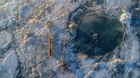 Auger, scoop, and fishing rod rest on the icy surface of a frozen lake, with a small hole cut for fishing.の素材