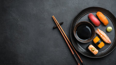 Sushi selections include vibrant fish, rice, wasabi, and soy sauce arranged elegantly on a black plate, creating a striking visual display.の素材