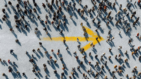 People walk in various directions, showing disconnection in a bustling urban scene, with shadows forming dynamic patterns.の素材