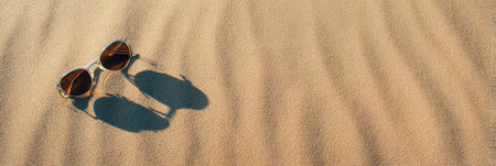 Stylish sunglasses rest on sun-kissed sand, casting long shadows. The scene captures a minimalist aesthetic in a bright and warm beach location.の素材