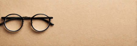 Black frame glasses lie on a beige paper surface, showing simplicity and style with a clear space on the right for text or design elementsの素材