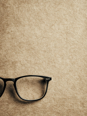 Black frame glasses placed on a beige paper background create a clean, minimal look, offering space for additional design elements or text.の素材