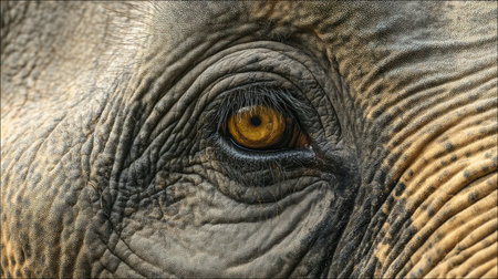 An elephants eye is captured in detail, showing its intricate textures and emotional expression, reflecting a moment in nature.の素材