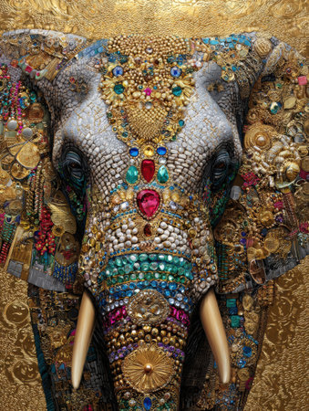 Stunning elephant head adorned with various jewels showcases artistic luxury in a cultural portrait, highlighting vibrant colors and textures.の素材