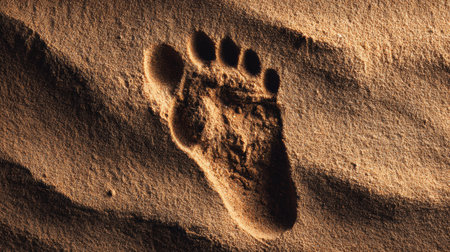 Macro shot reveals an elephant footprint set in fine sand, showing a warm tone that highlights intricate details and textures.の素材