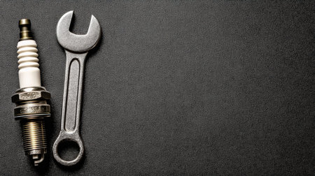 Spark plug and wrench are positioned side by side on a dark gradient surface, creating a clean and simple automotive layout.の素材