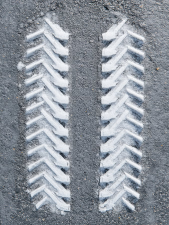 Tread imprints from snow tires are visible on a dry asphalt surface, indicating winter road usage and vehicle movement.の素材
